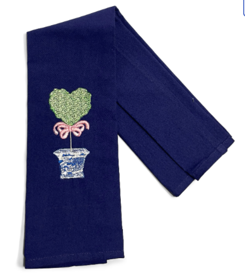 Chinoiserie Heart Topiary Pink Bow Dish Towel