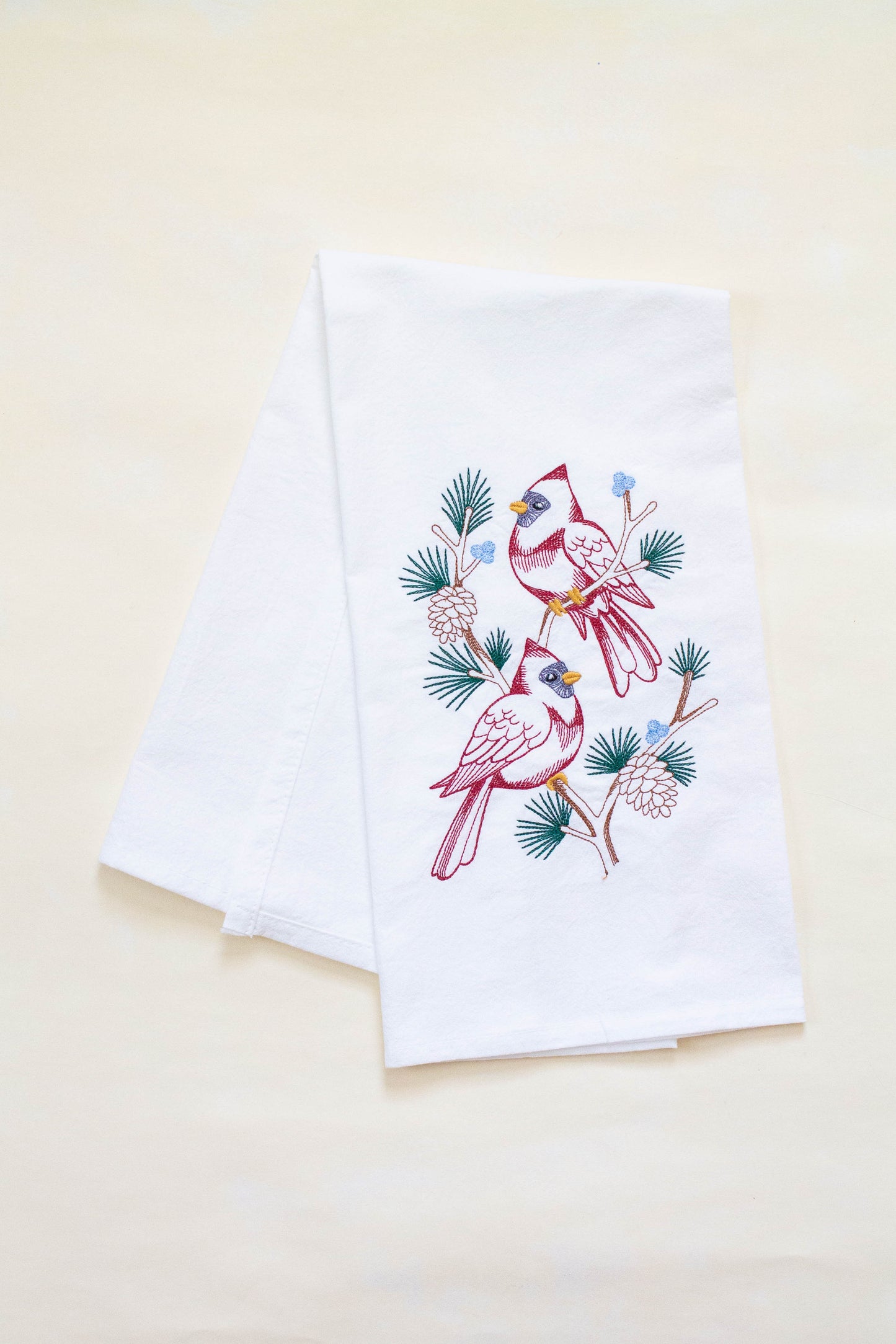 Cardinals in Pine Tree Branch Dish Towel